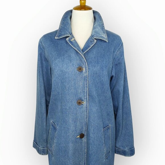 Denim & Co Long Blue Denim Jacket Chore Barn Duster Size Medium Button Front - Picture 7 of 14